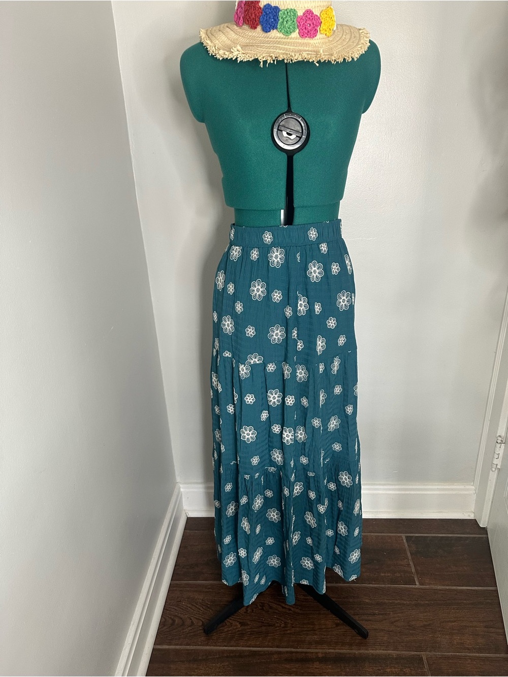 Pink Lily Teal Floral Tiered Maxi Skirt